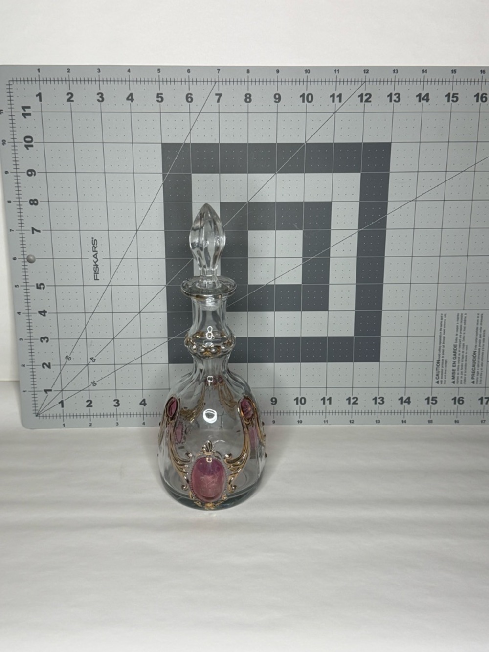Clear Glass Decorative Decanter with Pink Accents and Gold Trim